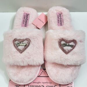 Juicy Couture JC-Hearty Pink Studded Heart-Faux Fur Slippers